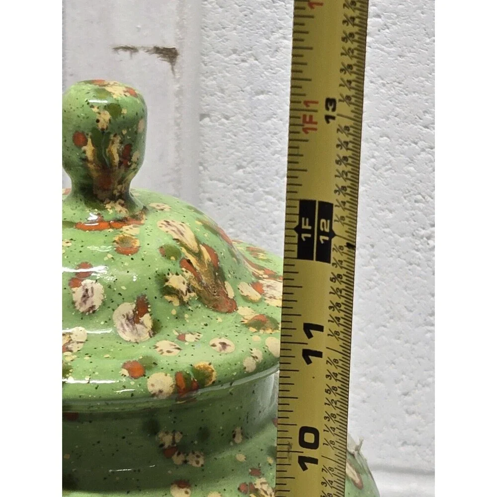 Apothecary Style Jar Lid Large Ceramic Container Green Splatter 70's Perfect